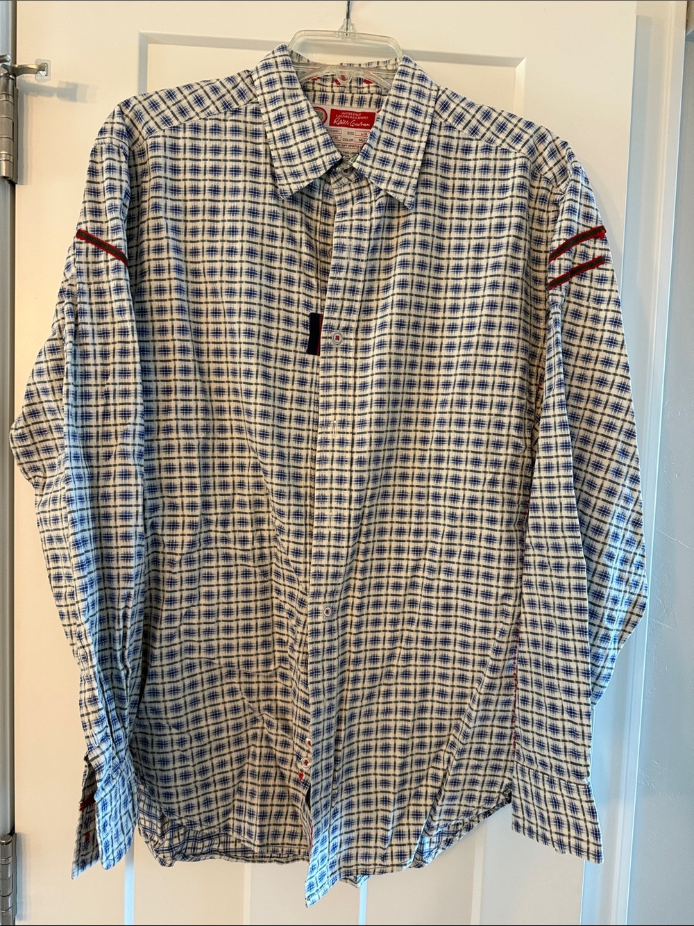 Robert Graham Blue and White Plaid Button-Down Shirt with Red Trim